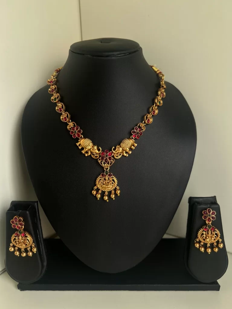 Antique gold Lakshmi and elephant necklace set with multicolor stones - S-cube Fashions