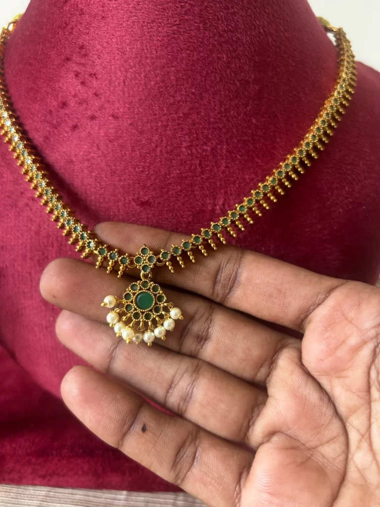 Antique gold premium attigai necklace set with green stones - S-cube Fashions