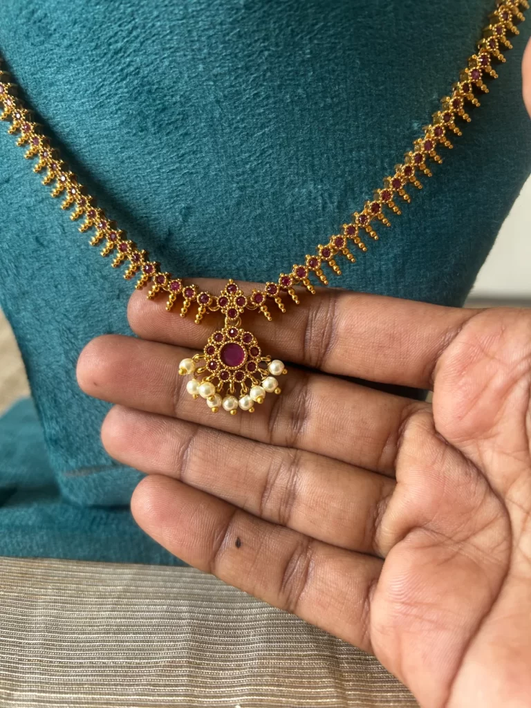 Antique gold premium attigai necklace set with red stones - S-cube Fashions