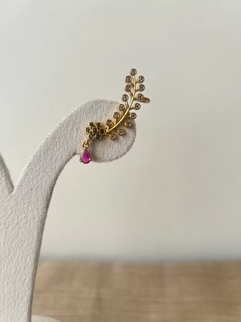 Gold leaf ear cuff earrings with pink drop stone and emerald accents - S-cube Fashions