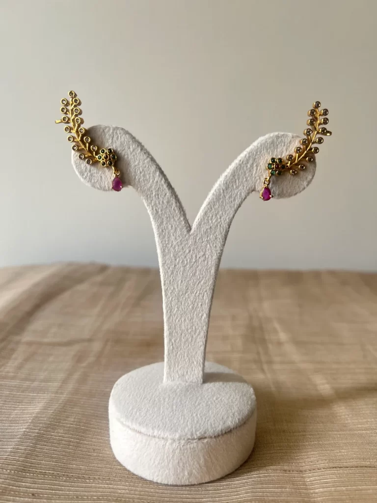 Gold leaf ear cuff earrings with pink drop stone and emerald accents - S-cube Fashions