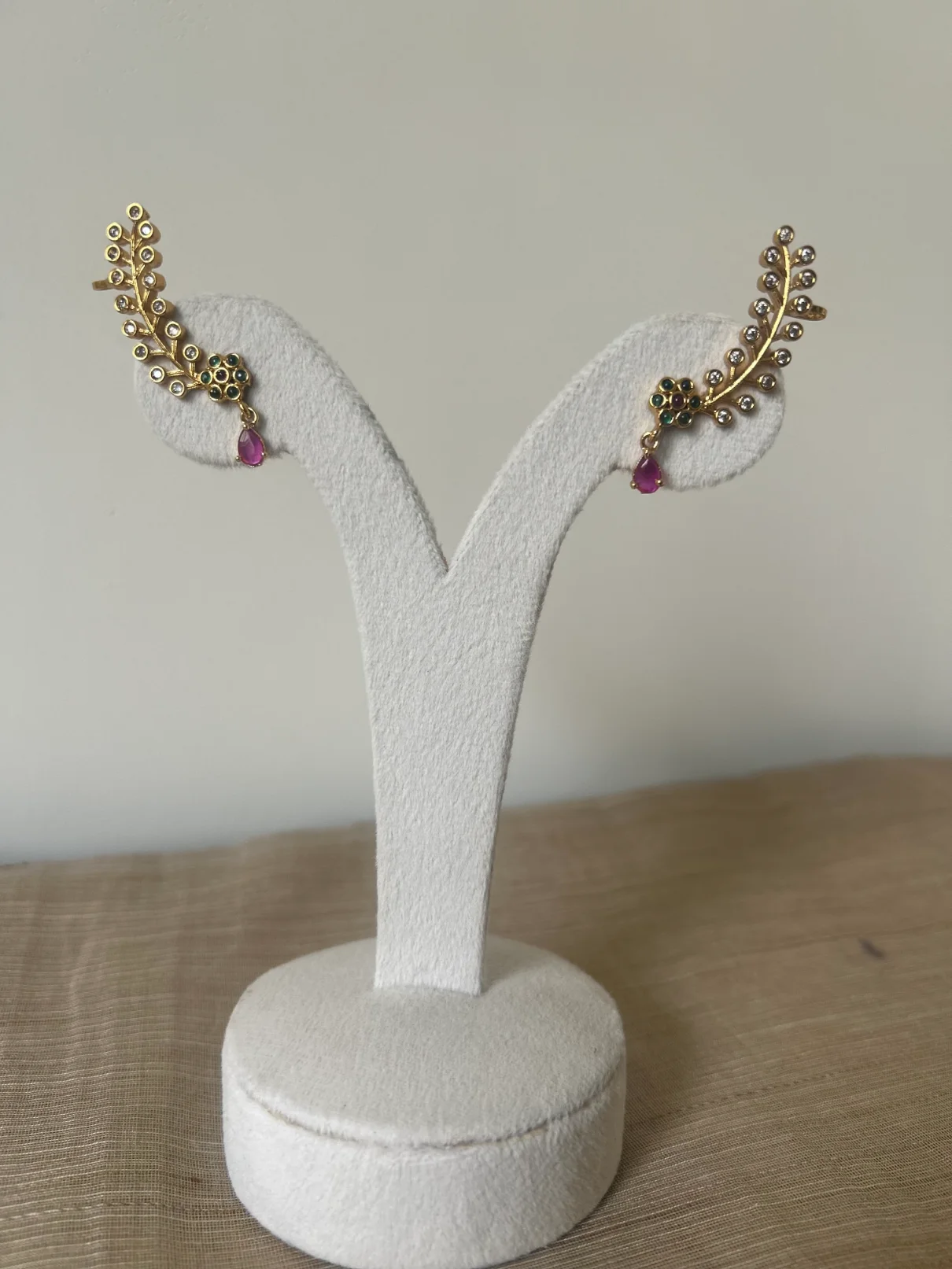 Gold leaf ear cuff earrings with pink drop stone and emerald accents - S-cube Fashions