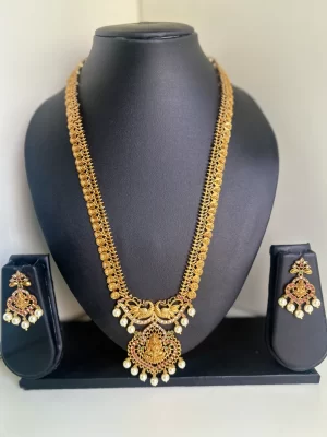 Antique gold Lakshmi coin haram set with peacock design and pearl drops - S-cube Fashions