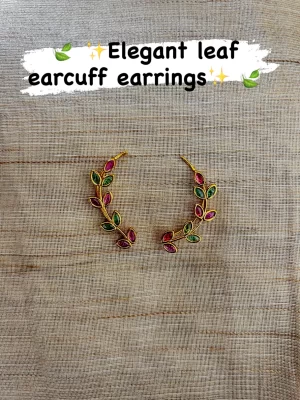 Gold leaf ear cuff earrings with pink and green stone detailing - S-cube Fashions