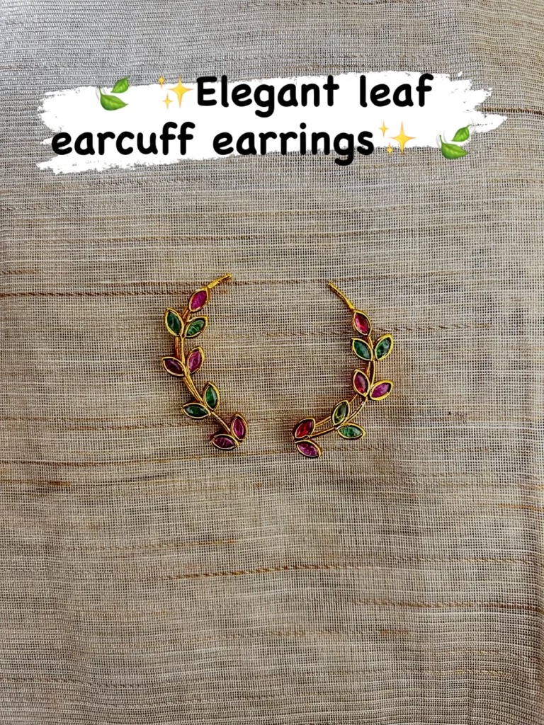 Elegant Leaf Ear Cuff Earrings with Pink & Green Stones