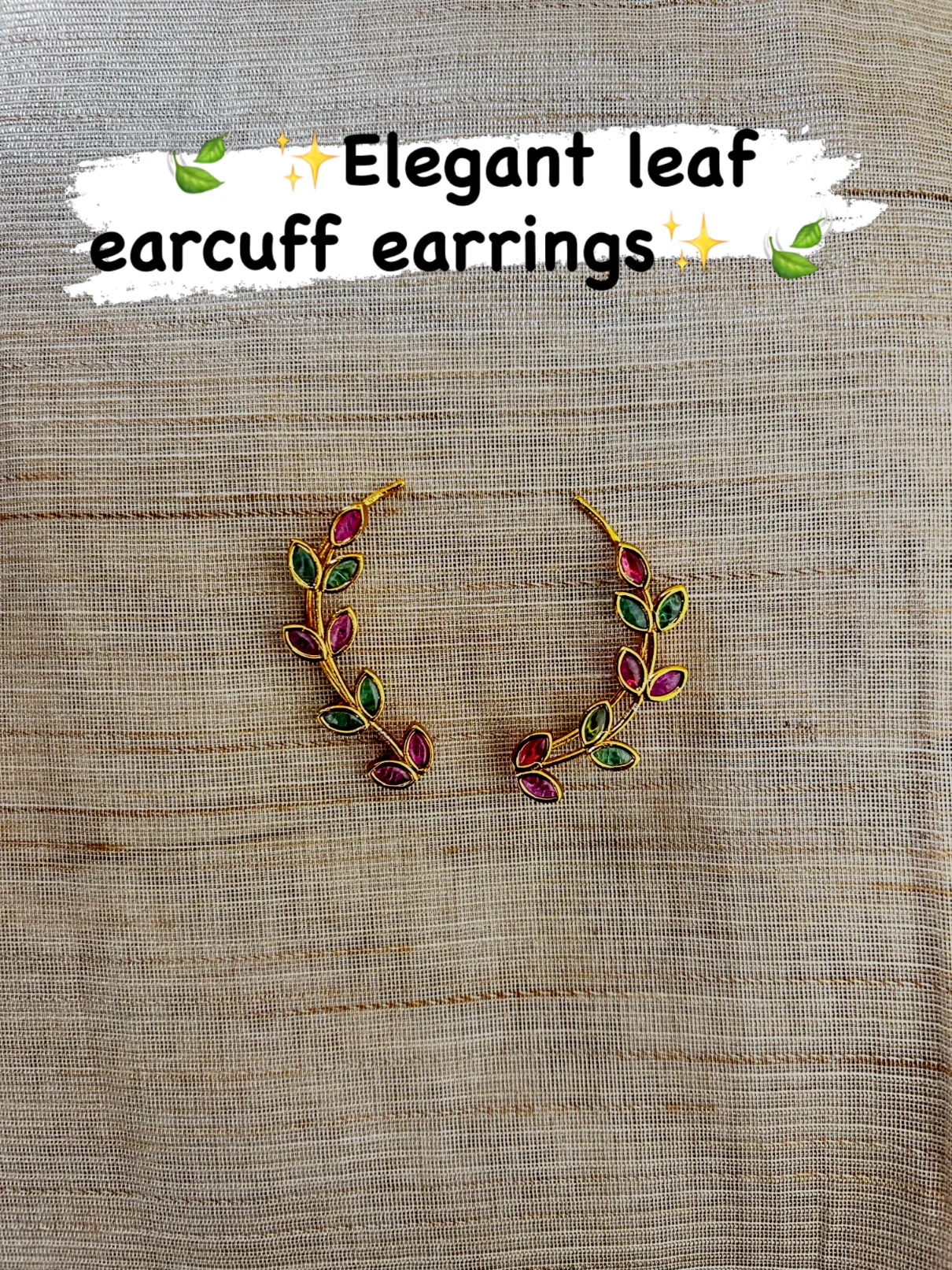 Gold leaf ear cuff earrings with pink and green stone detailing - S-cube Fashions