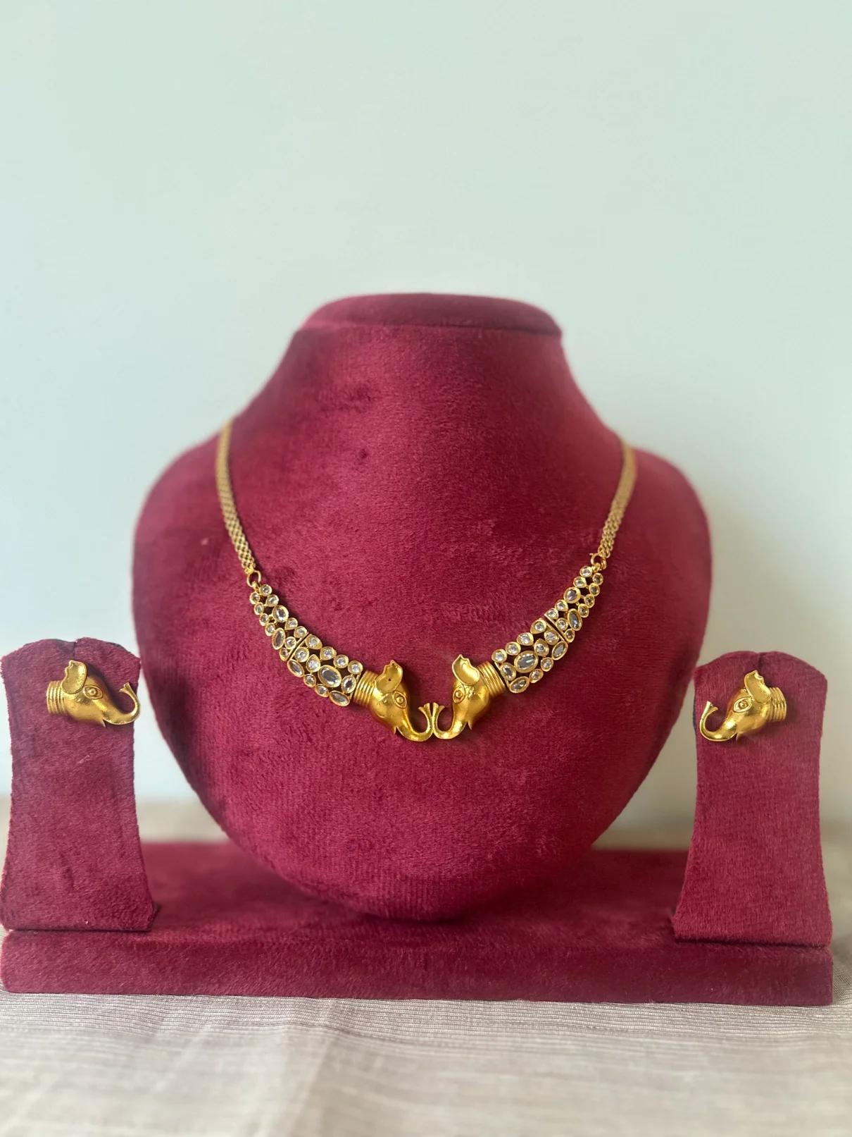 Antique gold elephant kanti necklace set with matching stud earrings - S-cube Fashions