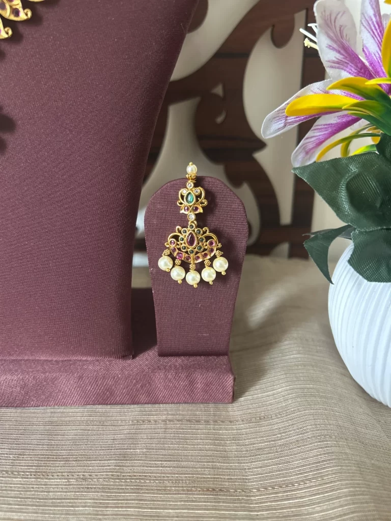 Gold look-alike pearl drop necklace set with ruby emerald stones and matching earrings - S-cube Fashions