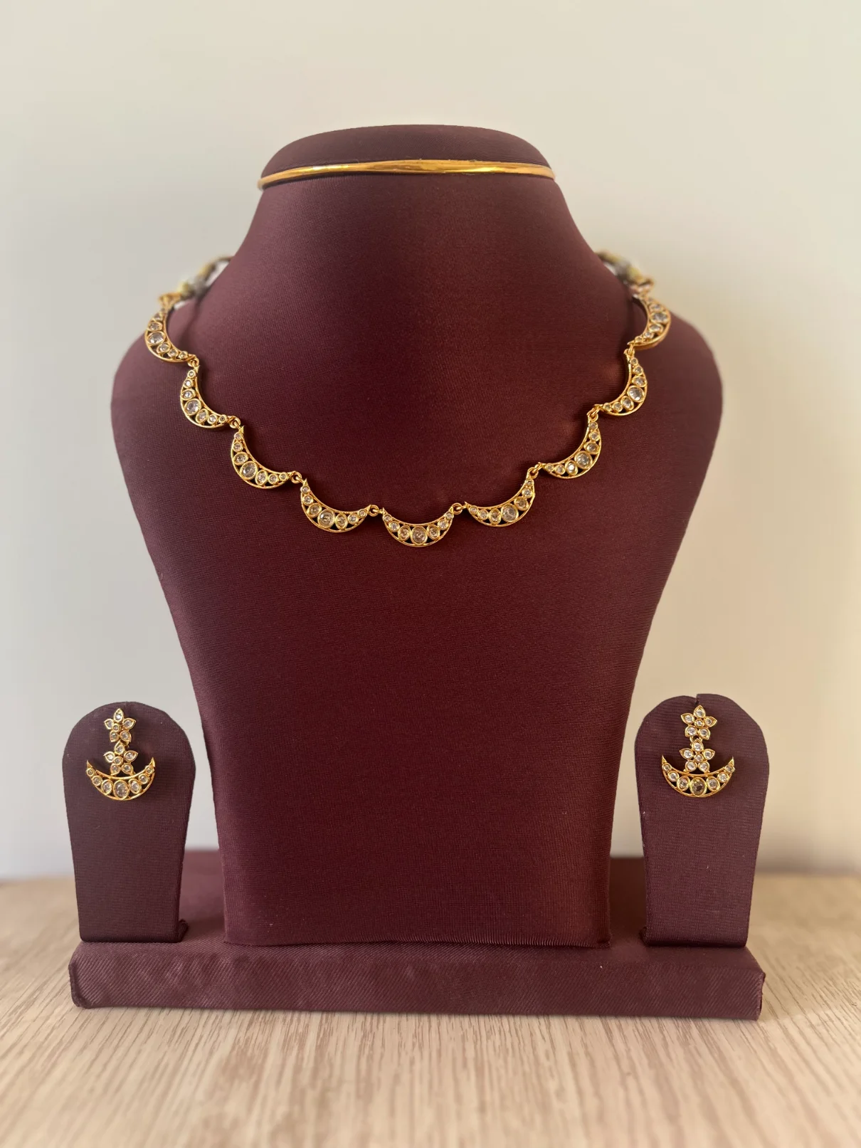Antique gold half moon crescent necklace set with matching earrings - S-cube Fashions