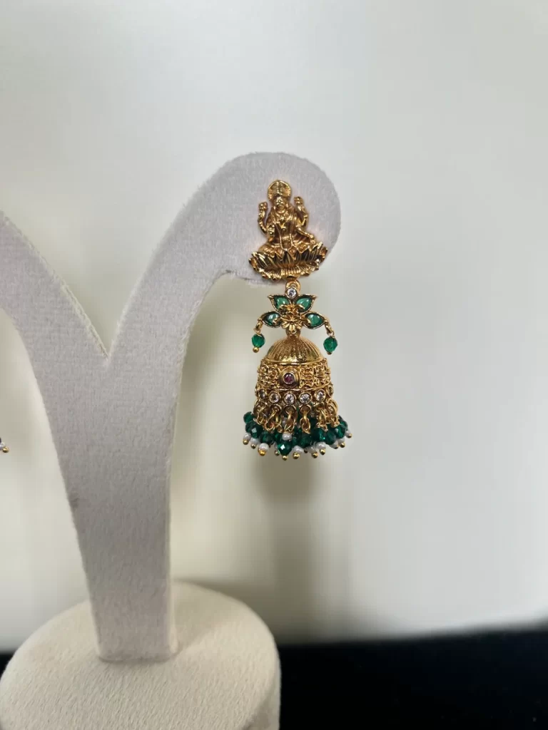 Lakshmi Devi Green Beads Drop Jhumka