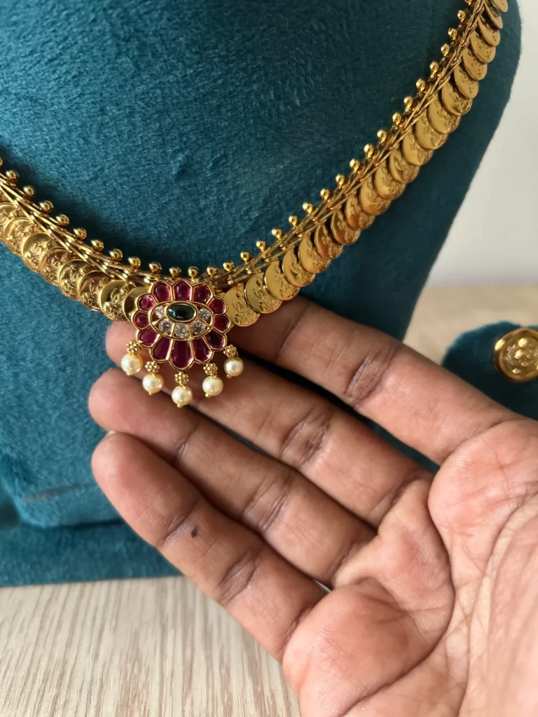 Antique gold Lakshmi kasu necklace set with ruby emerald pendant and pearl drops - S-cube Fashions