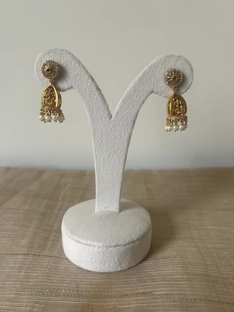 Antique gold Lakshmi idol jhumka earrings with green stone stud - S-cube Fashions