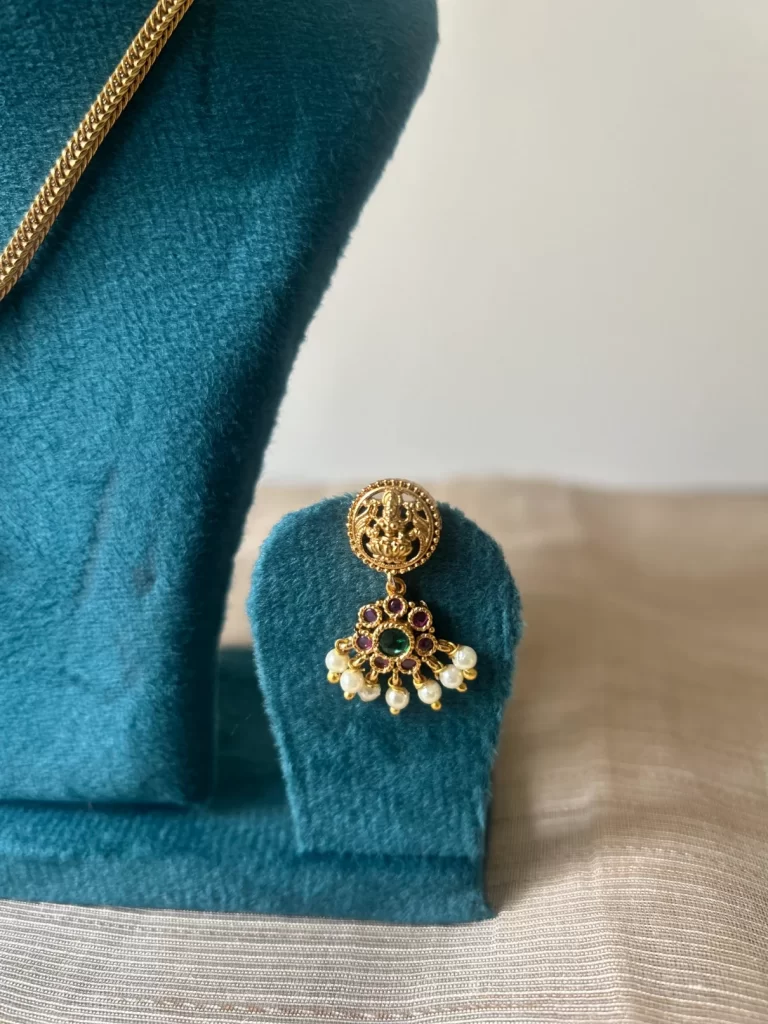 Antique gold Lakshmi kemp stone attigai necklace set with pearl drop - S-cube Fashions
