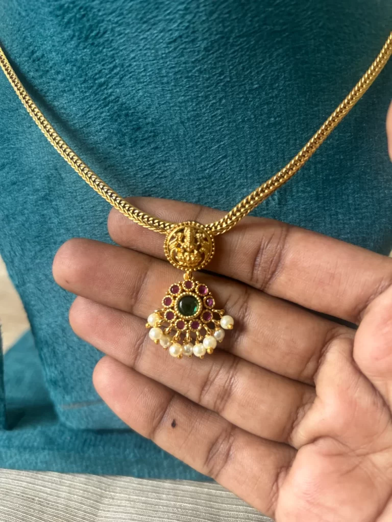 Antique gold Lakshmi kemp stone attigai necklace set with pearl drop - S-cube Fashions