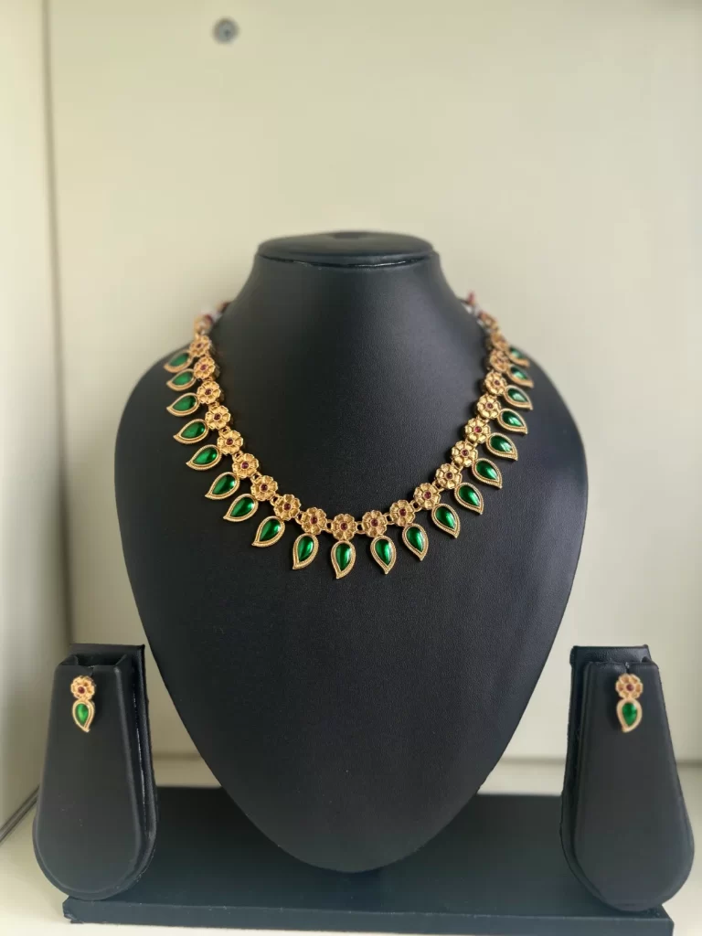 Leaf Drop Palaka Necklace Set - Dark Green