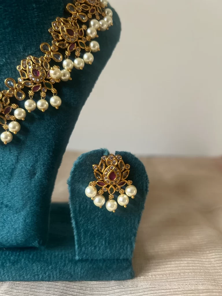 Antique gold lotus pearl drop necklace set with matching earrings - S-cube Fashions