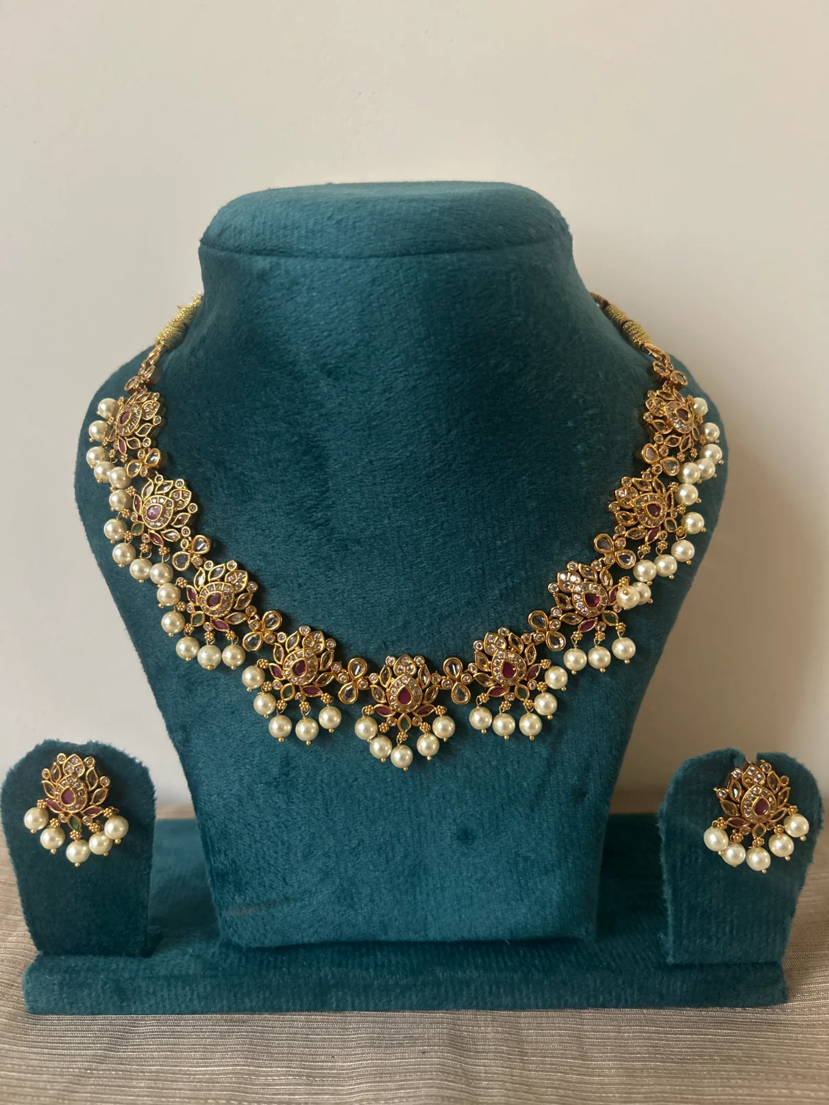 Antique gold lotus pearl drop necklace set with matching earrings - S-cube Fashions