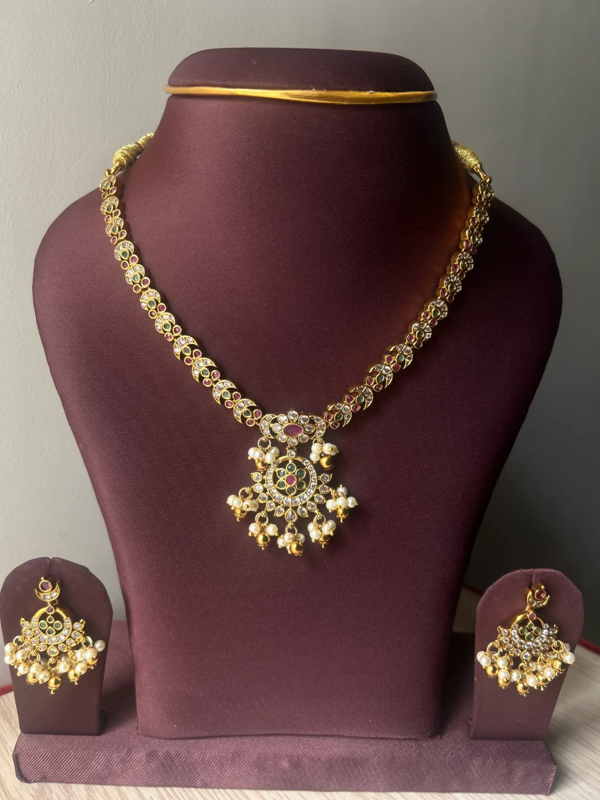 One gram gold look-alike floral necklace set with pearl drops - S-cube Fashions