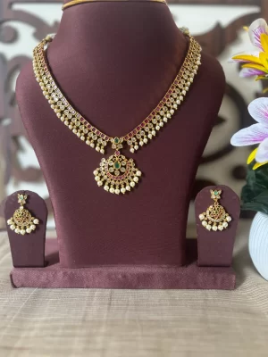 One gram gold look-alike necklace set with ruby emerald and pearl detailing - S-cube Fashions