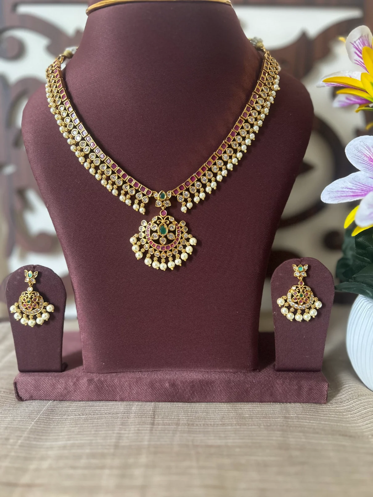 One gram gold look-alike necklace set with ruby emerald and pearl detailing - S-cube Fashions