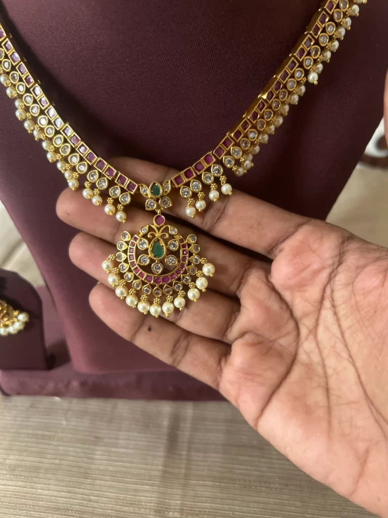 One gram gold look-alike necklace set with ruby emerald and pearl detailing - S-cube Fashions