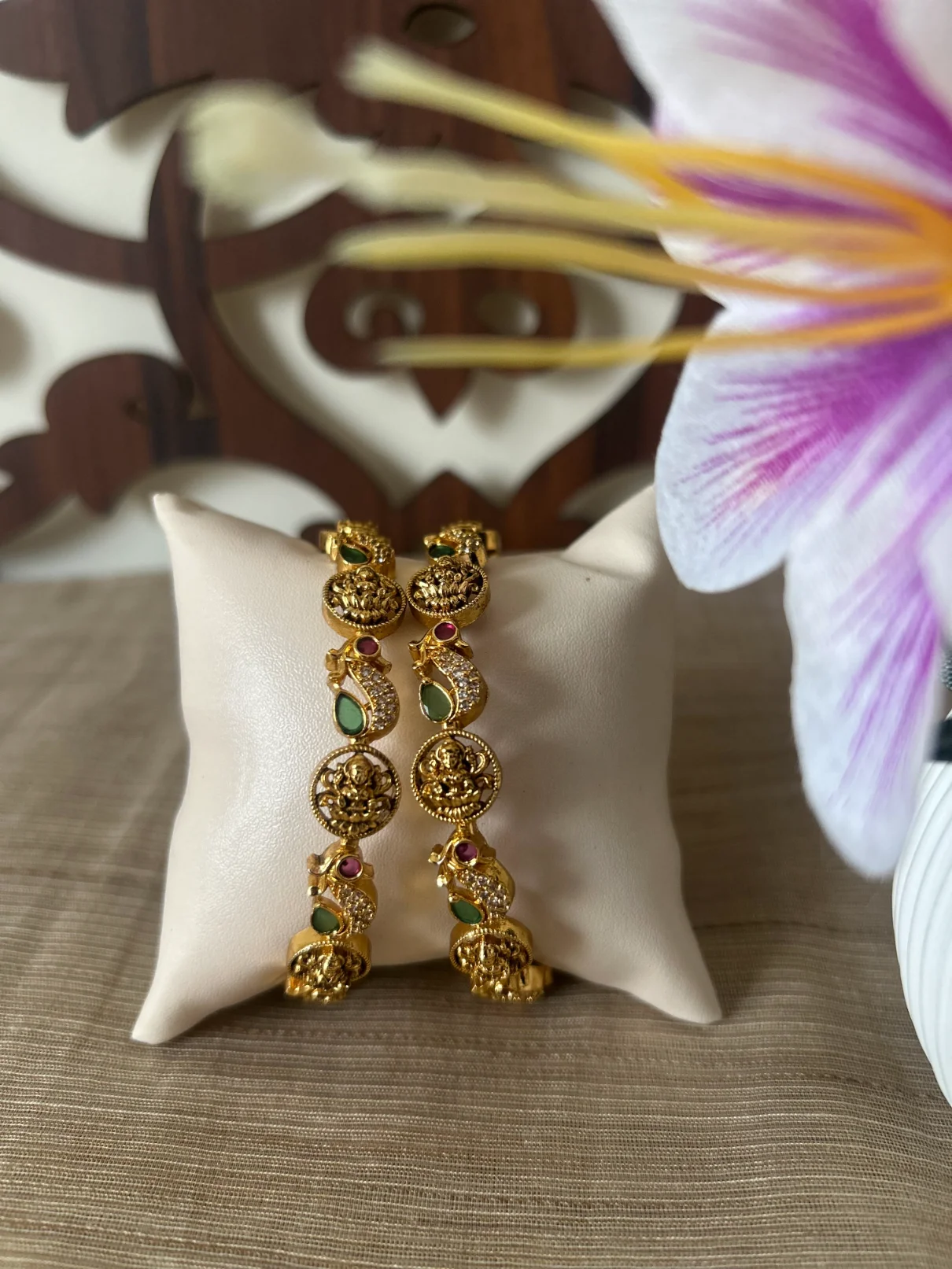 Antique gold peacock Lakshmi devi bangle with ruby emerald stones - S-cube Fashions