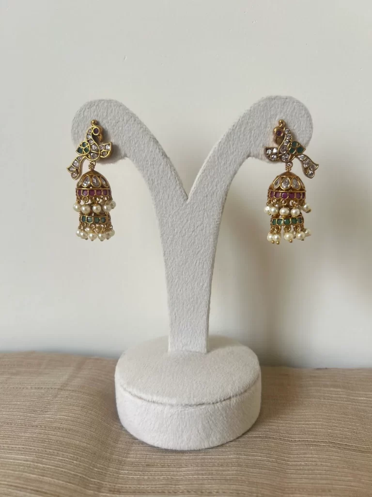 Antique gold peacock two-tier kemp stone jhumka earrings with pearl fringe - S-cube Fashions