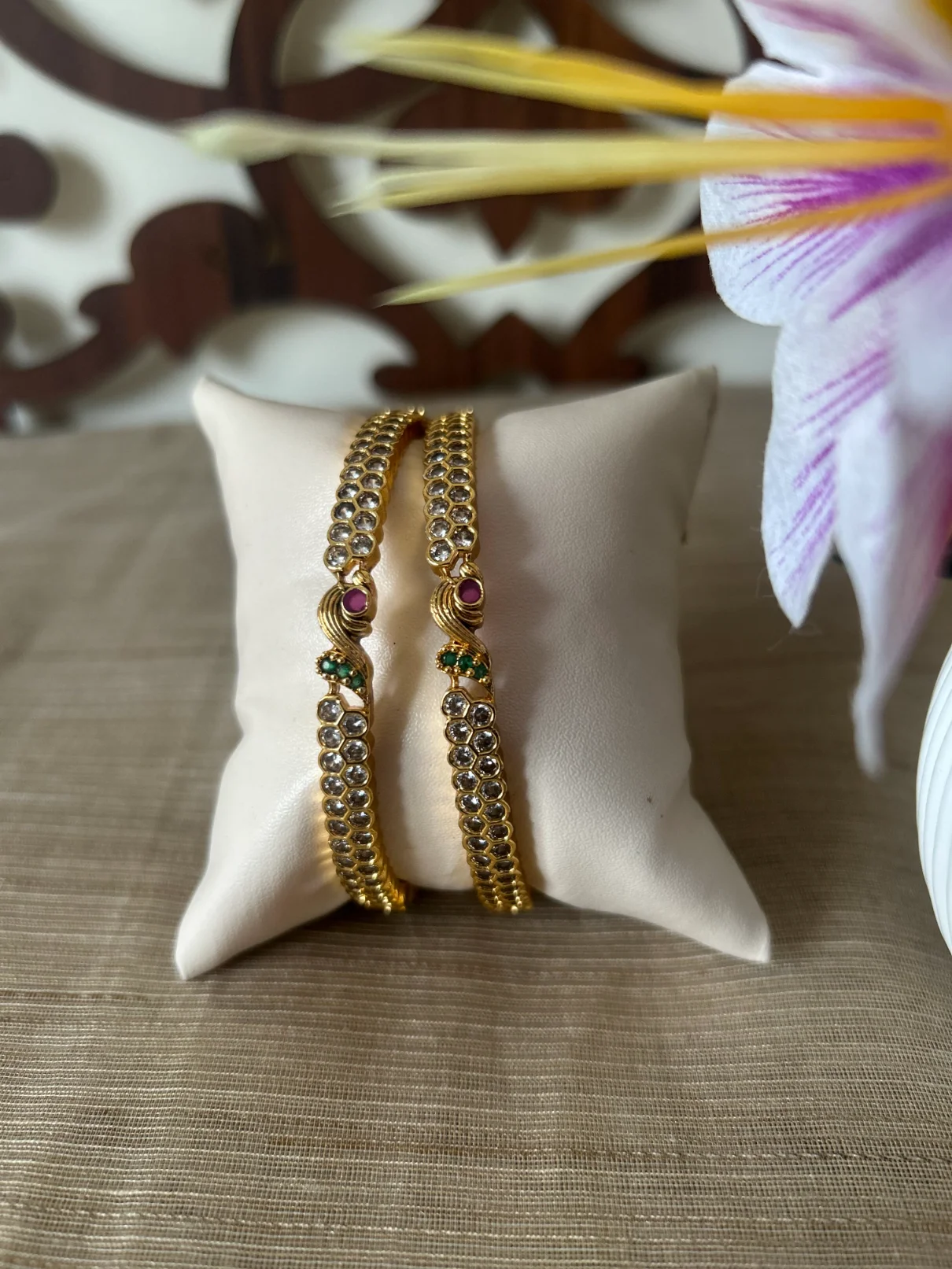 Antique gold peacock white stone bangle with ruby emerald accents - S-cube Fashions