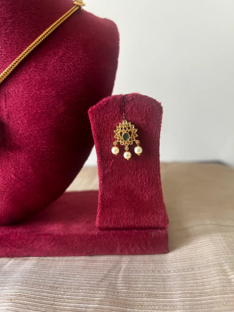 Gold-toned premium attigai necklace set with emerald accent and pearl fringe - S-cube Fashions