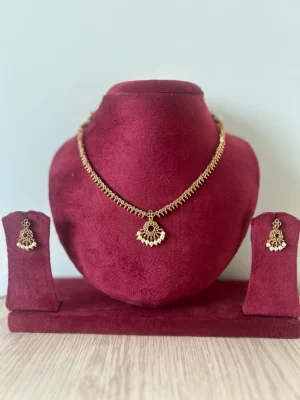 Premium gold plated attigai necklace set with pearl drop pendant