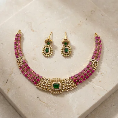 Ruby and emerald choker necklace set - S-cube Fashions
