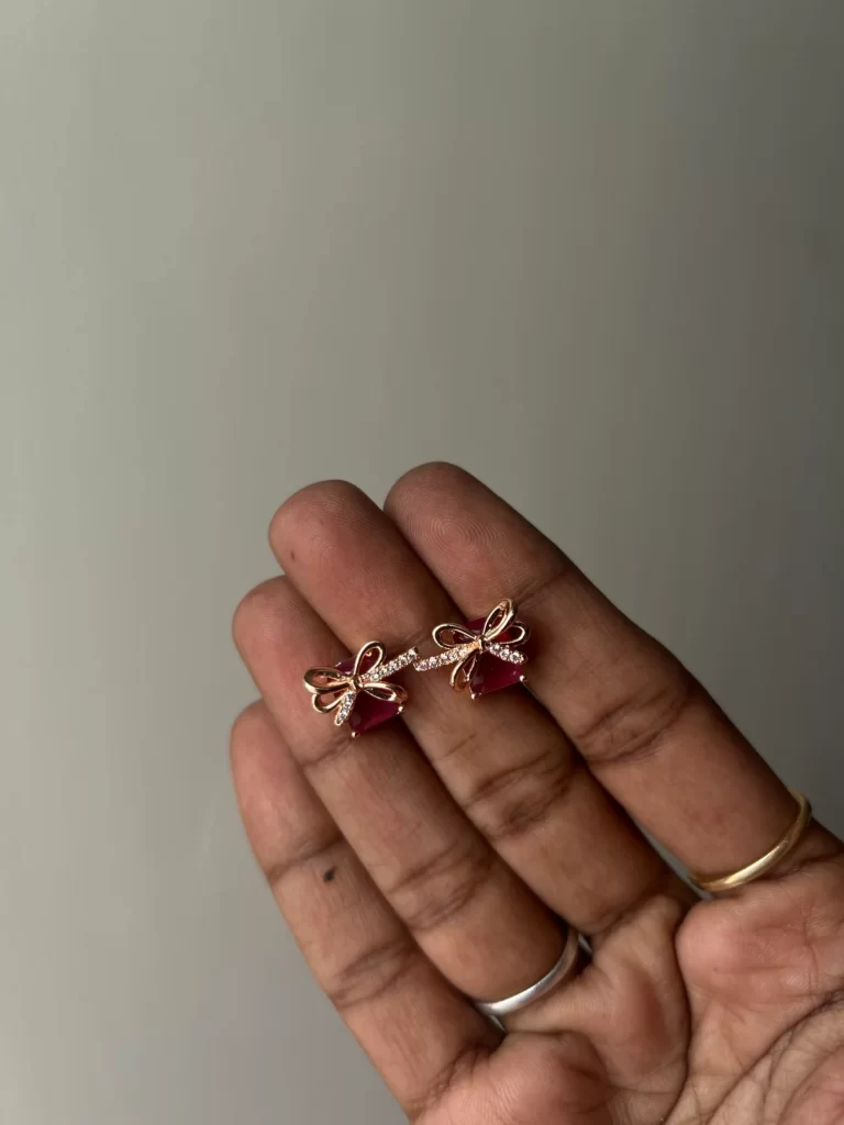 Rosegold Bow Stud Earrings with Coloured Crystal Stone