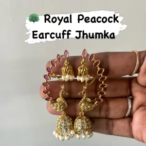 Antique gold peacock ear cuff jhumka earrings with ruby stones and pearl drops - S-cube Fashions