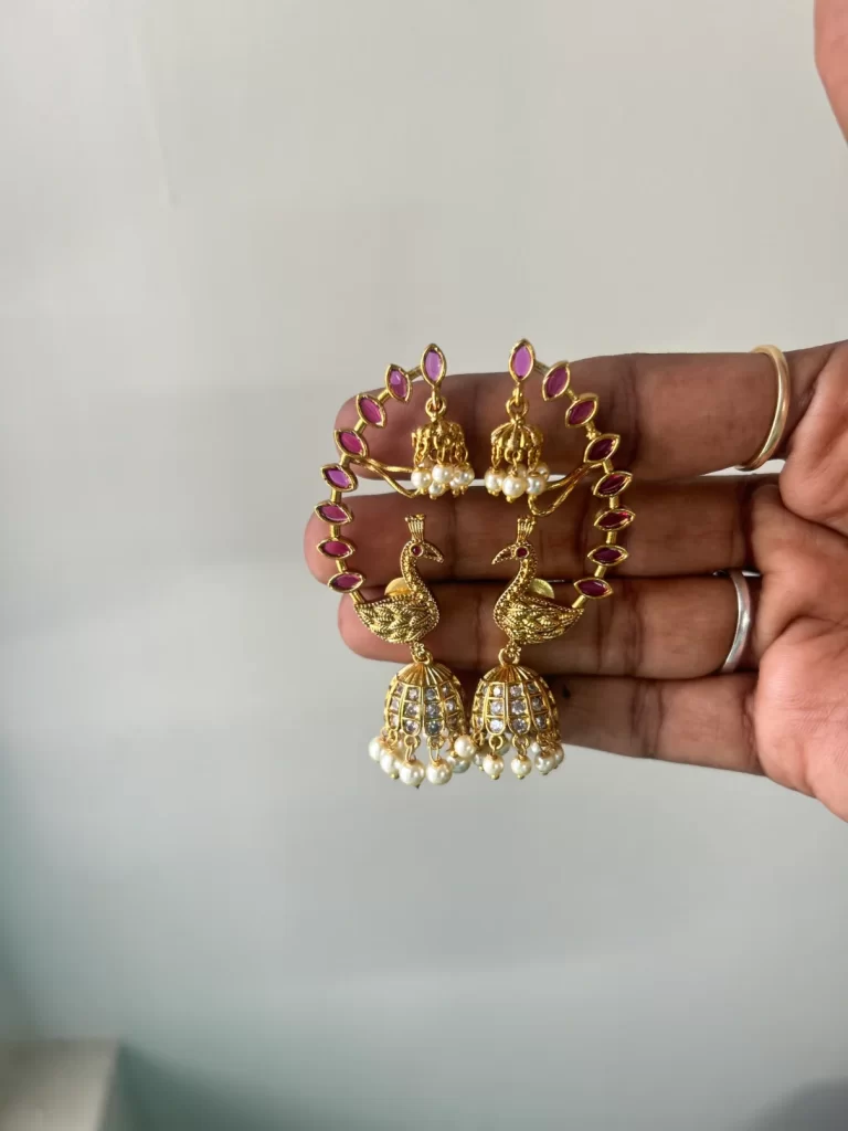 Antique gold peacock ear cuff jhumka earrings with ruby stones and pearl drops - S-cube Fashions