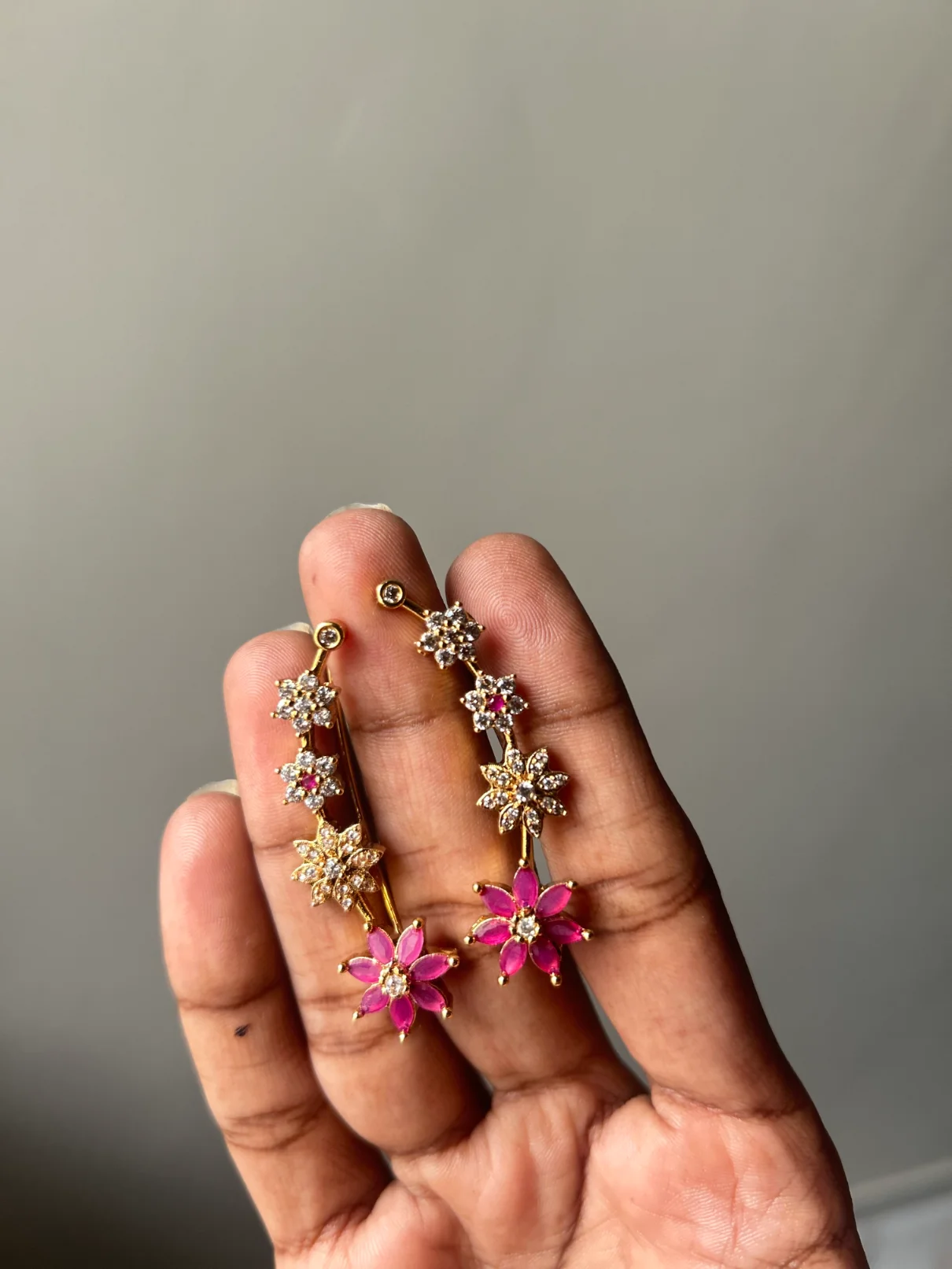 Gold floral ear cuff earrings with crystal and ruby pink flowers - S-cube Fashions