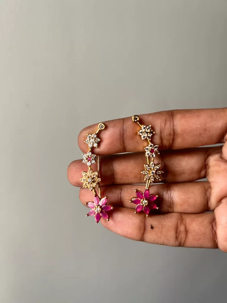 Gold floral ear cuff earrings with crystal and ruby pink flowers - S-cube Fashions