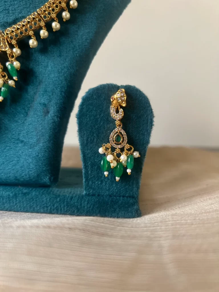 Antique gold elephant kanti necklace set with green bead drops - S-cube Fashions