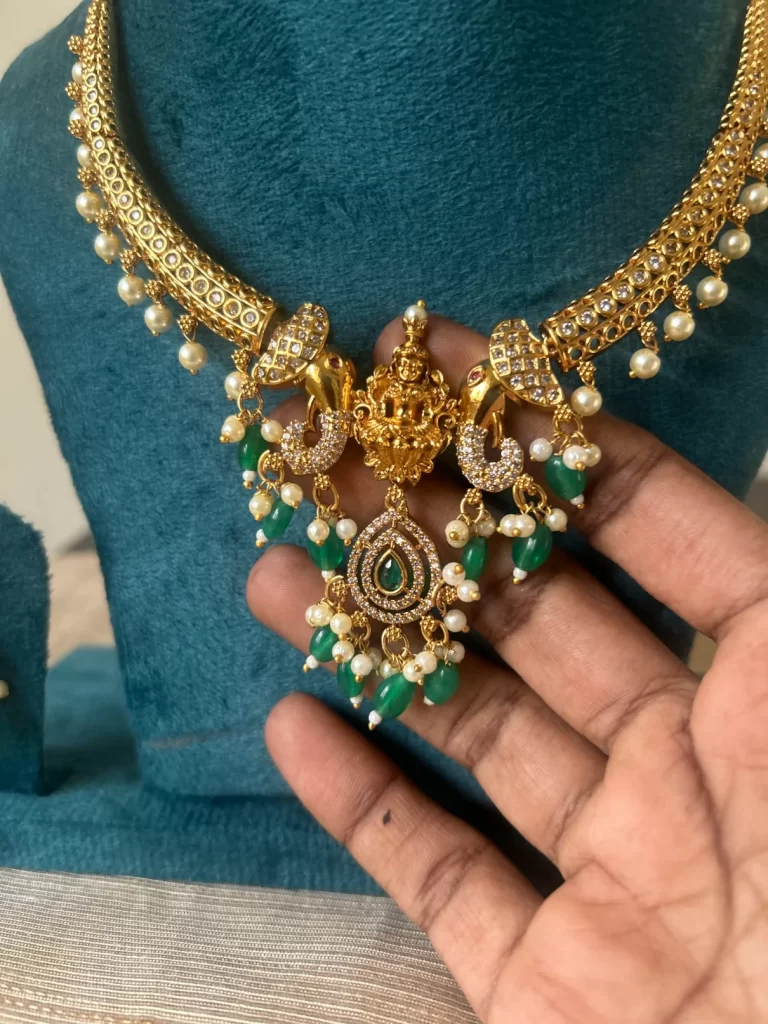Antique gold elephant kanti necklace set with green bead drops - S-cube Fashions