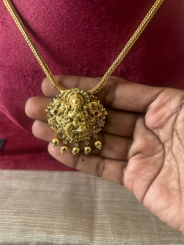 Antique gold Lakshmi devi attigai necklace set with gold ball drops - S-cube Fashions