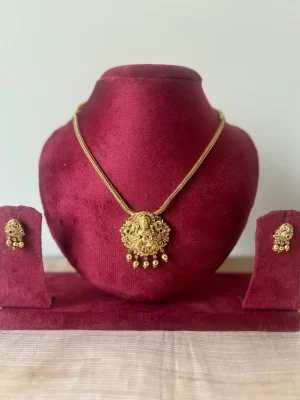 Antique gold Lakshmi devi attigai necklace set with gold ball drops - S-cube Fashions