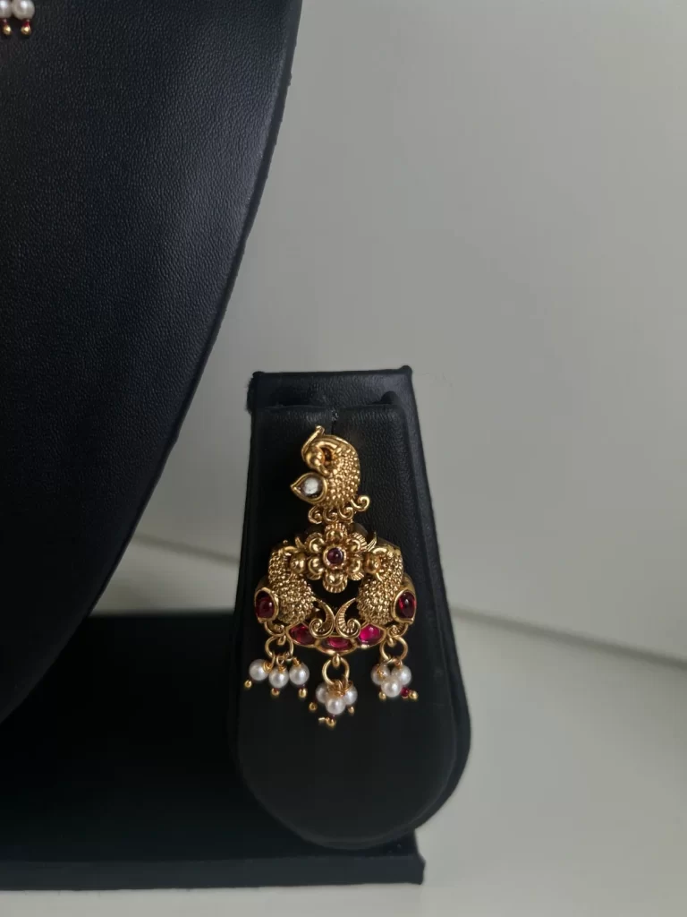 Antique gold nakshi necklace set with peacock motifs and pearl drops - S-cube Fashions