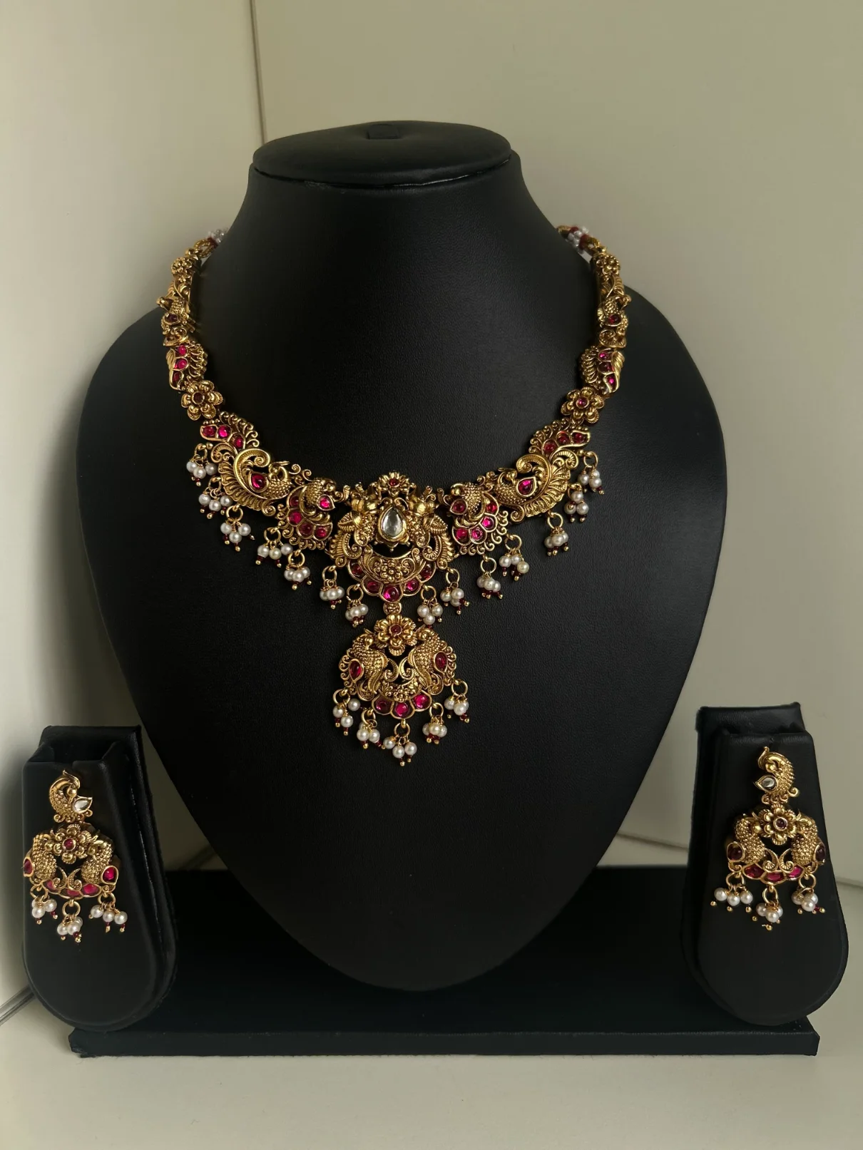 Antique gold nakshi necklace set with peacock motifs and pearl drops - S-cube Fashions