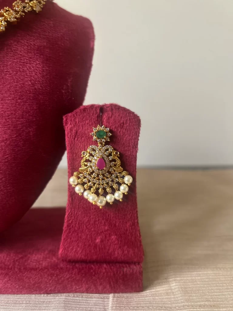 Gold look-alike peacock pearl drop necklace set with ruby emerald pendant - S-cube Fashions