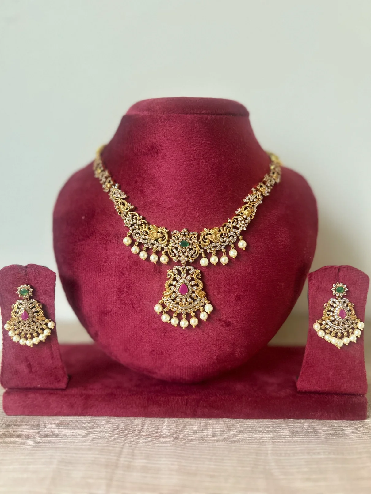 Gold look-alike peacock pearl drop necklace set with ruby emerald pendant - S-cube Fashions