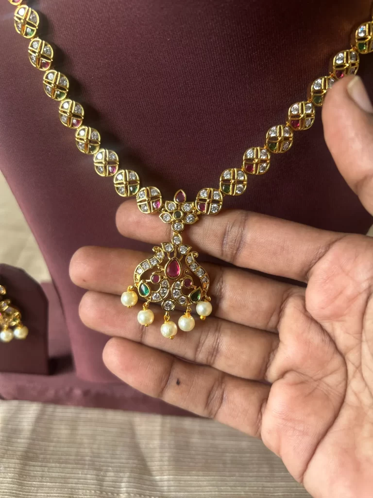 Peacock Gold Plated Pearl Drop Necklace Set-Closeup