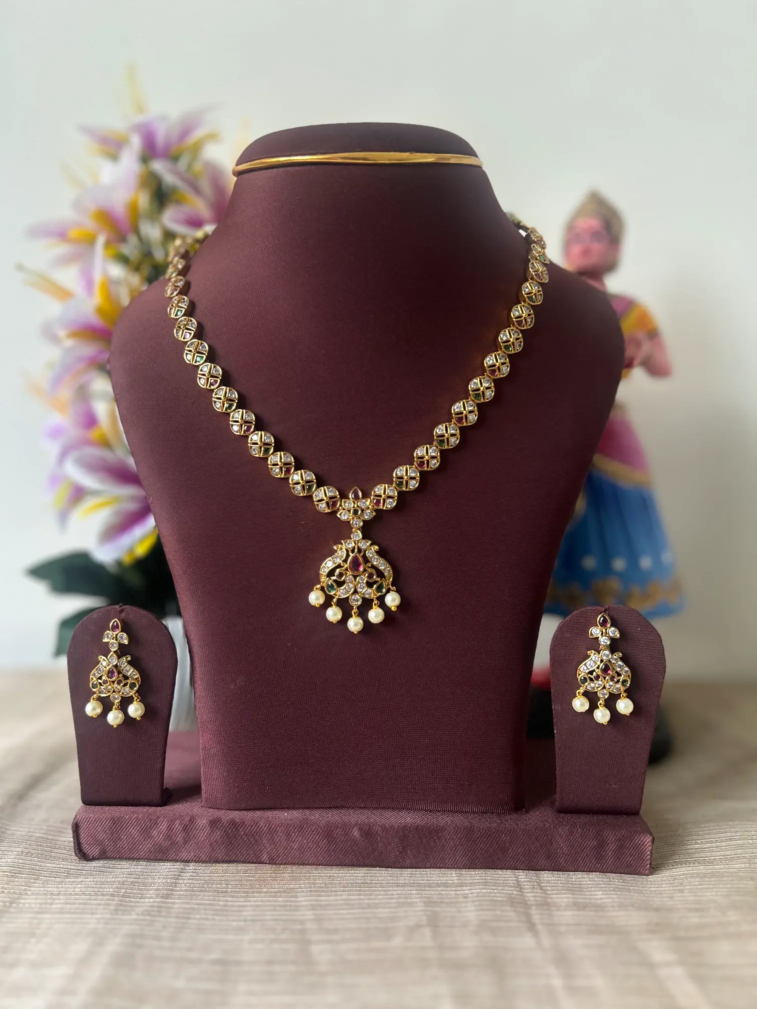 Peacock Gold Plated Pearl Drop Necklace Set