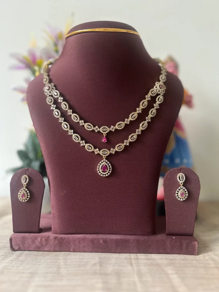 layered American diamond necklace set-Pink